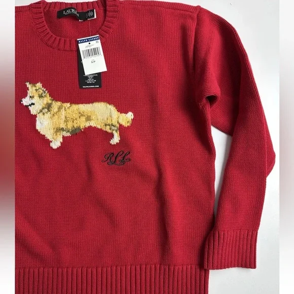 Ralph Lauren Intarsia-Knit Corgi Dog Cotton Red Sweater Size Small NWT - Picture 6 of 6